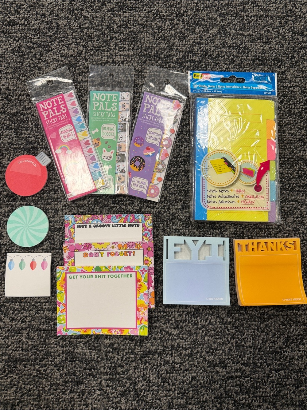 Assorted sticky notes - dogs, donuts, Christmas, tabs, FYI, thanks, cheeky, etc!